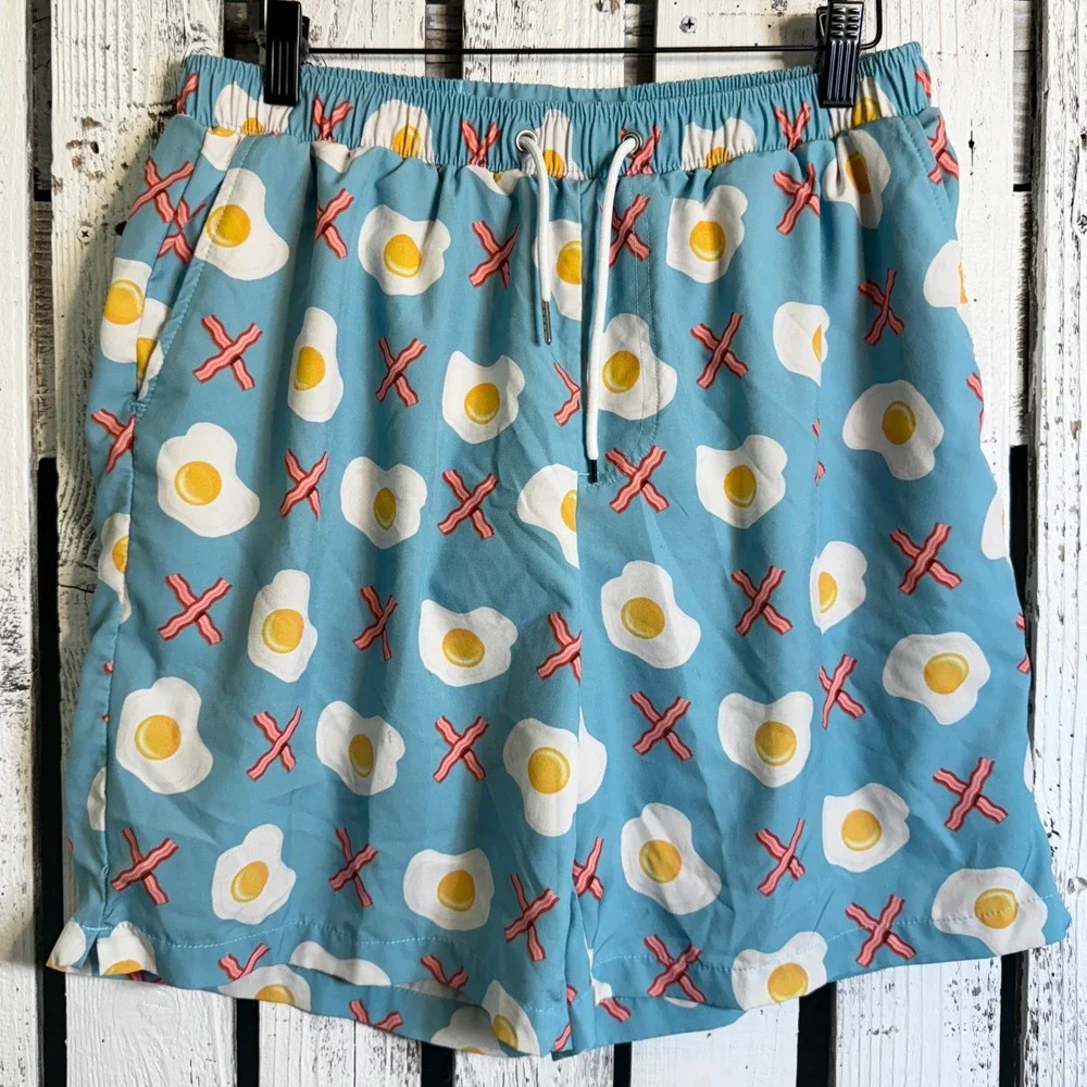 Mosmann Australia XL Bacon Egg Swim Trunks Mens Board Shorts Elastic Waist Lined